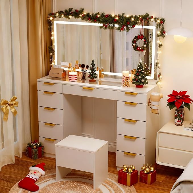 Pamapic Glass Top Vanity Desk with Mirror and Lights, 11 Drawers Makeup Vanity with Charging Station and Chair, Golden Handles Dressing Table, 3 Lighting Modes Makeup Table, White