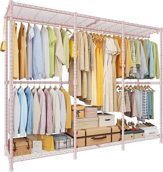 E14 Heavy Duty Clothes Rack，Freestanding Clothing Racks for Hanging Clothes，Adjustable Closet Organizers and Storage，Metal Garment Rack with Shelves 69" W x16 D x77 H，Max Load 960LBS，Pink