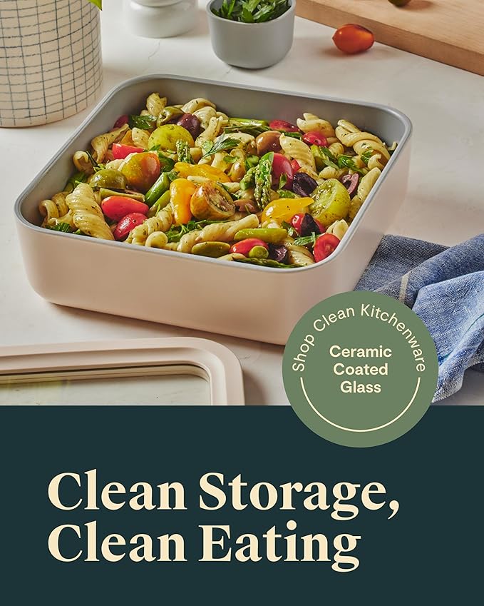 Caraway 6pc Glass Food Storage Set – 10 Cup Food Containers (6) - Ceramic Coated - Non Toxic, Non Stick with Lids - Microwave Safe - Cream