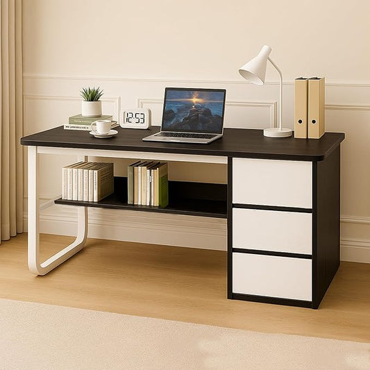 Premium Modern Wooden Computer Desk White Wooden Drawers & Bookshelf - Black Wood Top Writing Table with Strong Iron Frame for Home Office & Study 47.24W x 19.68L x 29.13H Inches