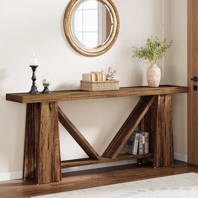 Tribesigns 70.9-Inch Long Console Table, Farmhouse Entryway Table with Storage, Narrow Sofa Console Behind Couch with 4 Stable Bases for Living Room, Entrance, Hallway (Rustic Brown)