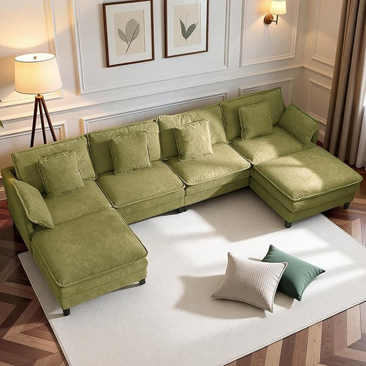 Claiks 148" Modular Sectional Sofa, Cloud Couch with Ottoman, U-Shaped 6-Seater Sofa in Chenille Fabric, Deep Seat Comfy Couch with Pillows for Living Room & Offices, Green