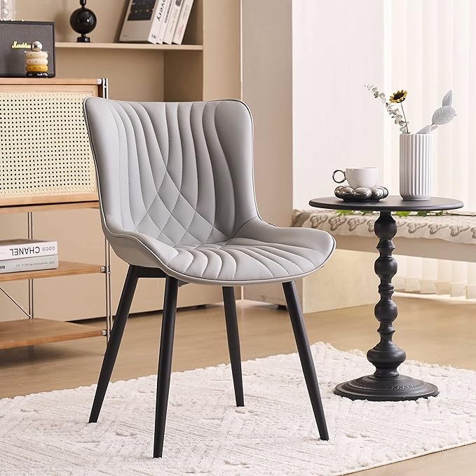 YOUTASTE Dining Chairs Set of 2, Mid Century Modern Upholstered Faux Leather Kitchen Room Chairs, with Black Metal Legs, Armless Accent Chair for Living Room, Bedroom, Vanity, Grey