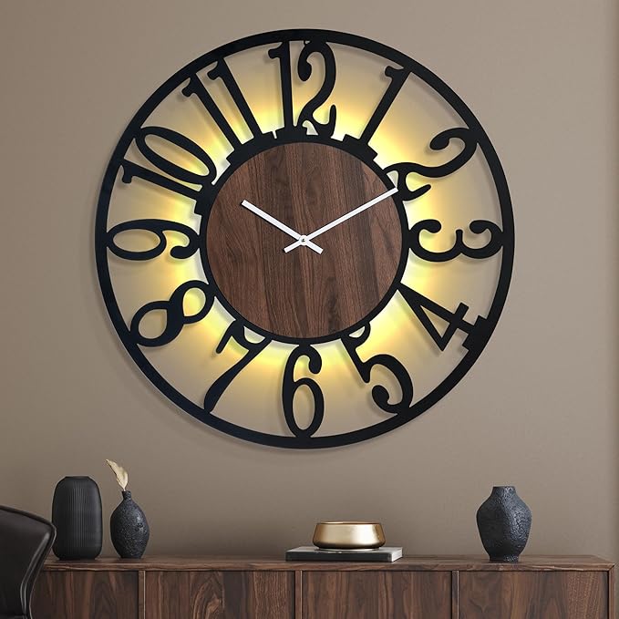 32 Inch Large Metal Wall Clock with Voice and Light Sensor Night Light, Glow in The Dark Non-Ticking Silent Battery Operated Decorative Oversized Wall Clock for Bedroom Living Room Decor