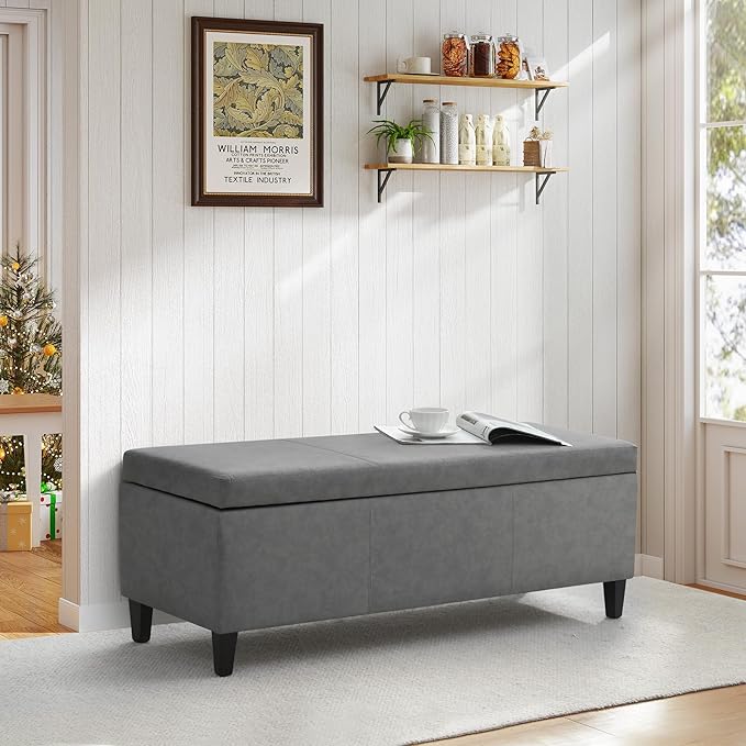 HUIMO Faux Leather Storage Ottoman Bench 50.3 Inch Extra Long PU Upholstered Bedroom Bench with Large Storage Space for The Living Room, Entryway, Bedroom Hold Up to 300lbs (Grey)