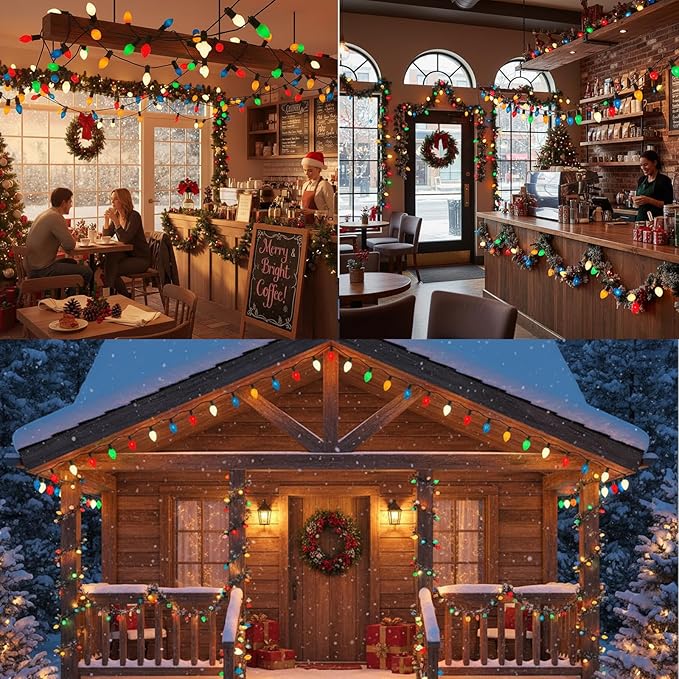 C7 LED String Lights,25Ft Retro Ceramic Multicolor Lights with 27 Vibrant LED Bulbs (2 Spare) on Green Wire–Perfect for Christmas, Parties, Backyard & Wedding Décor