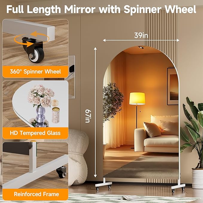 Hasipu 67" x 40" Arched Rolling Home Gym Mirror with Wheels, 360° Swivel Body Mirror with HD Tempered Glass, Large Floor Mirror for Yoga Room, Dance Studio, Bedroom & Home Gym