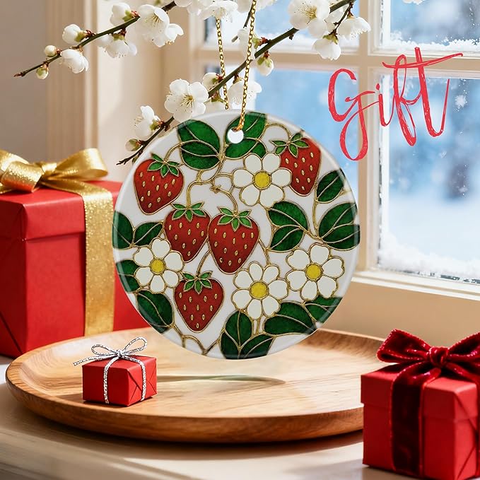 Strawberry Flower Ornament, Christmas Ornaments & Christmas Decorations for Tree, Vibrant Holiday Decor, Gift for Her, Friends & Strawberry Lovers, Gift Exchange & Gifts Idea, Giftbox Included