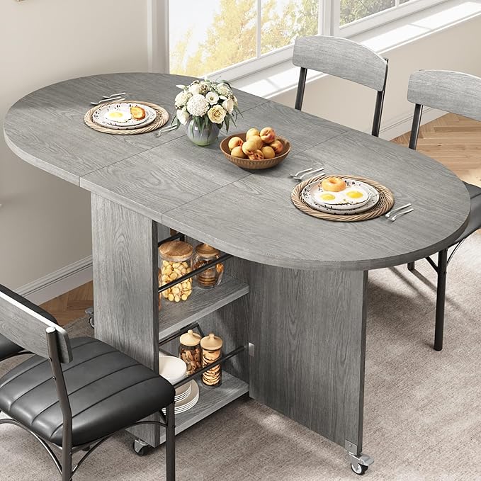 Folding Dining Table for 4 Kitchen Dining Room DinnerTable with Storage Drawer Space Saving Oval Foldable Drop Leaf Gateleg Furniture for Small Space (Grey, 51 * 31.5 * 30)