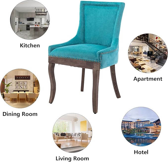 Farmhouse Dining Chairs Set of 6, Upholstered Fabric Dining Room Accent Chairs with Wood Legs & Bronze Nailhead, High Wingback Kitchen Chairs for Living Room Hotel Apartment, Blue