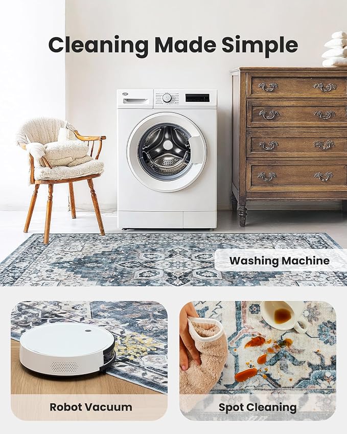 AMADA HOMEFURNISHING 2.7x8 Washable Runner Rug, Low-Profile Kitchen Runner Rugs with Non-Slip Backing & Durable Edge Binding, Vintage Entryway Rug for Bedroom & Hallway