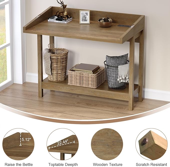 Foldable 38" Console Table with Charging Station & Storage, Side Table with Charging, Entryway Table with Anti-Tip Design,Rustic,Rustic Brown