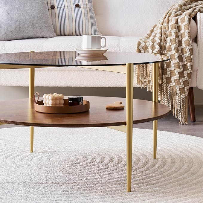 Round Coffee Table, Mid-Century Modern Design, D30 x H17, for Living Room, 2-Tier Structure, Amber Glass Top and Walnut MDF Shelf, Sleek Conical Metal Legs with Gold Finish
