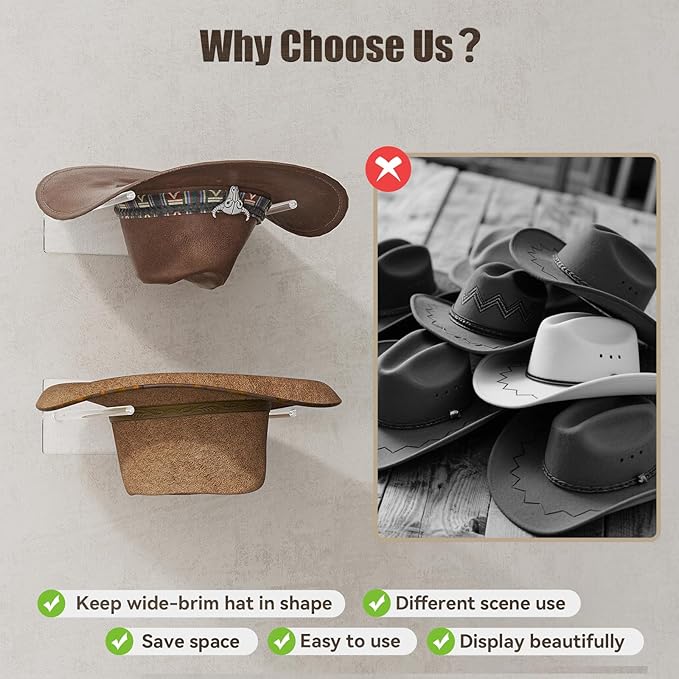 Cowboy Hat Rack for Wall: 2 Pack Acrylic Hat Holder Organizer - Western Rustic Wall Mounted Hat Hanger Stand for Cowboy Hat, Fedora, Sun Hats