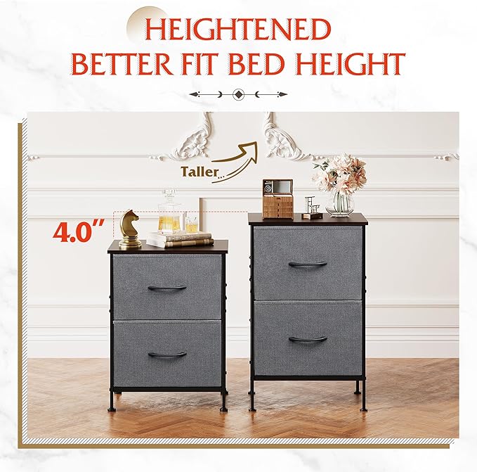 WLIVE Night Stand, Small Dresser with 2 Drawers & Wooden Top, Nightstand with Fabric Bins, Bedside Table End Table for Bedroom, Closet, Entryway, College Dorm, Charcoal Black