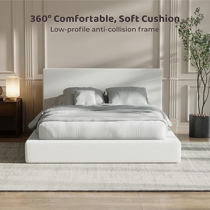 RECCI Cloud Upholstered Full Bed Frame with Headboard, 5 Inch Foam Padded Platform, No Box Spring, Easy Assembly (Off-White)