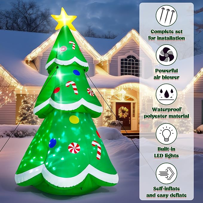 14FT Christmas Inflatable Decorations, Giant Blow Up Xmas Tree, Lighted Up Christmas Tree Inflatables with Rotating Snowflake Lamp, Colorful Yard Decoration for Xmas Holiday Lawn Party