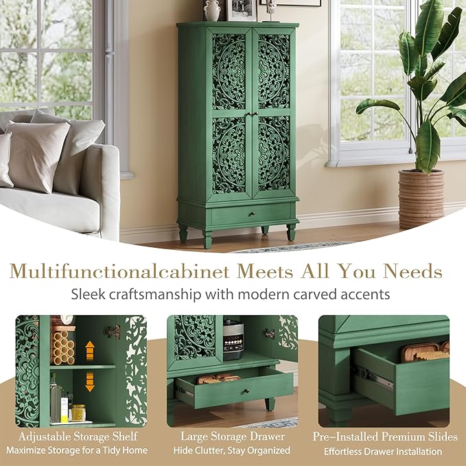 Rustic 55'' Tall Storage Cabinet with 2 Hollow-Carved Doors a Drawer, Wood Accent Cabinet with Solid Wood Legs for Living Room, Hallway, Dining Room (Antique Green-T)