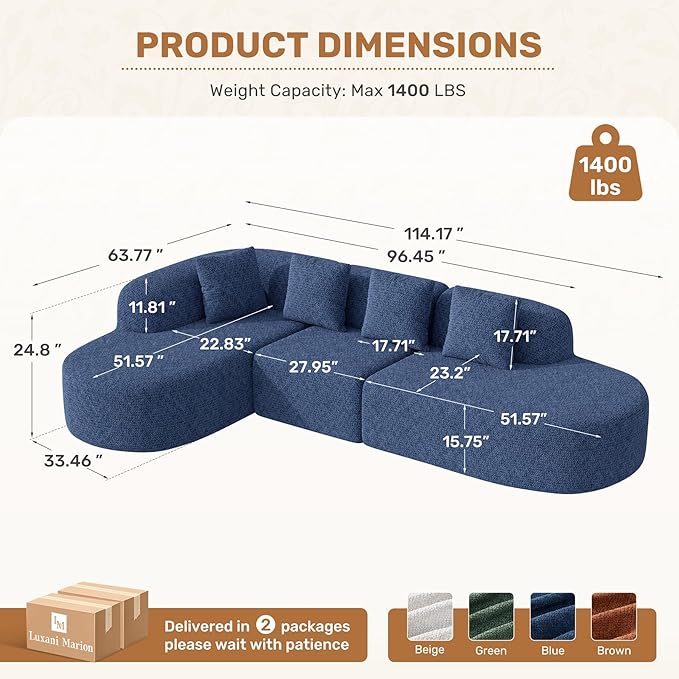 114 Inch Boneless Couches for Living Room,Modern Modular Sectional Sofa with Chaise,L-Shape Cloud Sectional Couch,No Assembly Required,Dark Blue