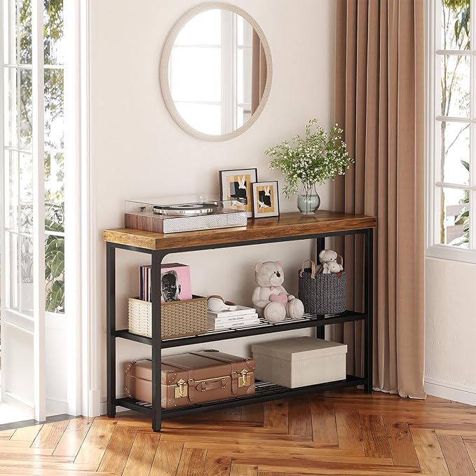 47" Console Table with Storage, 3-Tier Narrow Entryway Table, Sofa Table with Mesh Shelves, Console Tables for Living Room, Bedroom, Hallway, Entryway, Foyer, Rustic Brown