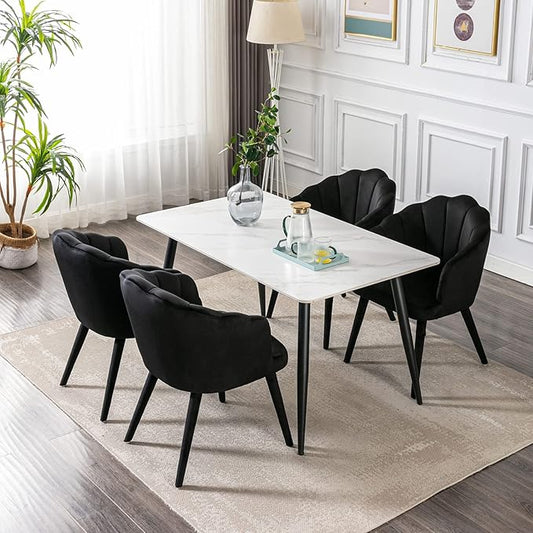 Velvet Dining Chairs Set of 4 Modern Living Room Chairs with Petal Back & Wood Legs Comfy Upholstered Side Chair Accent Chair for Dining Room/Bedroom/Vanity, Black