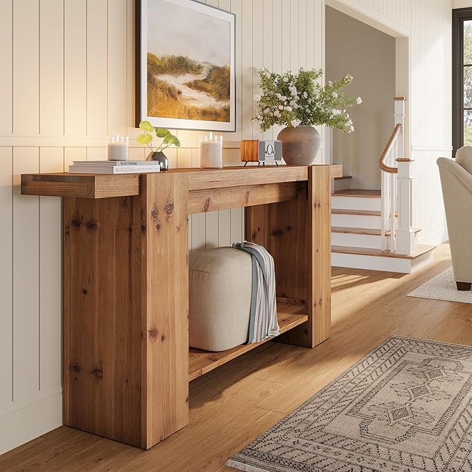 2-Tier Solid Wood Console Table, Farmhouse Entryway Table with Storage Shelves, 63-Inch Long Sofa Console for Living Room, Hallway, or Foyer(Brown)