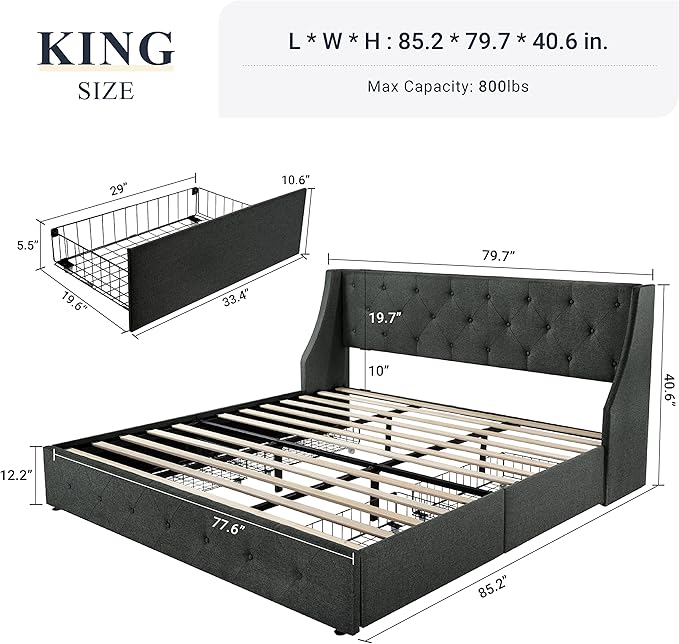Allewie King Size Bed Frame with 4 Storage Drawers and Wingback Headboard, Button Tufted Design, No Box Spring Needed, Dark Grey
