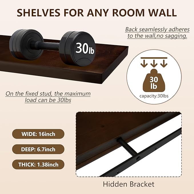 foxsky 16 Inch Solid Pine Wood Floating Shelves for Wall with Hidden Brackets, Rustic Farmhouse Wall Mounted Shelf for Bathroom, Living Room, Bedroom, Kitchen, Office Decor (Walnut)