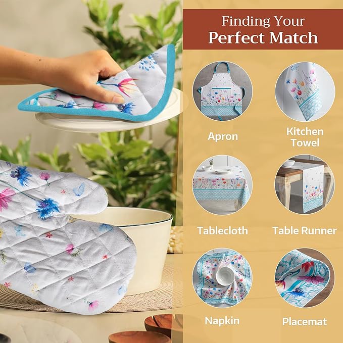 Maison d' Hermine Oven Gloves 100% Cotton Oven Mitt 7" x 13" with Loop Heat Resistant, BBQ, Cooking Gloves, Baking, Grilling, Kitchen, Handling Hot Pans Spring/Summer (Pack of 1, Flower in The Field)