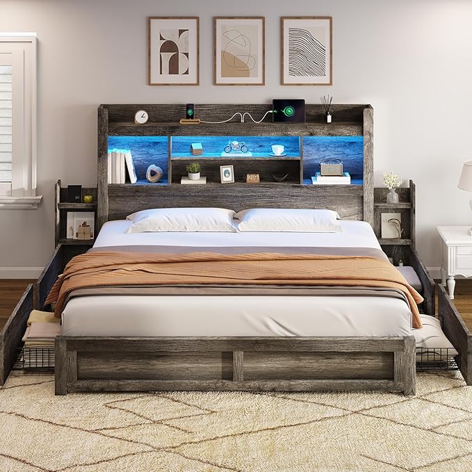 AMERLIFE King Size Bed Frame with 4 Storage Drawers, LED Bed Frame with 49“ Tall Bookcase Headboard, Wood Platform Bed with Charging Station & 2 Slide Bedside Shelf, No Box Spring Needed/Rustic Grey