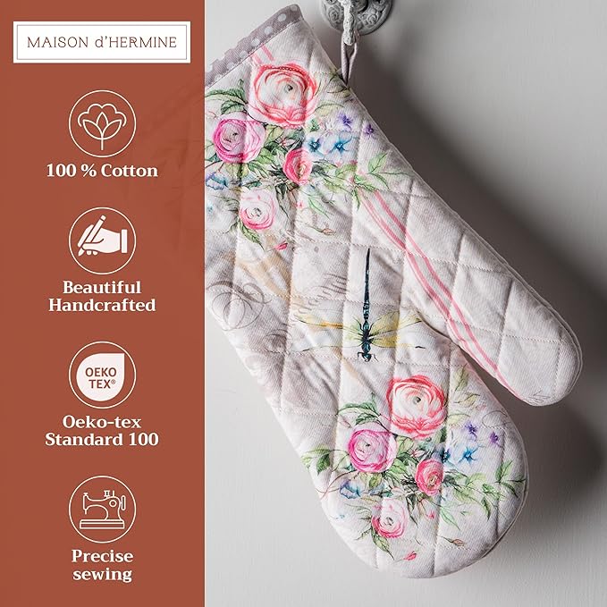 Maison d' Hermine Oven Gloves 100% Cotton Easter Oven Mitt Heat Resistant BBQ Cooking Gloves with Loop for Grilling, Microwave, Barbeque, Champ De Mars Spring/Summer (Oven Mitt (7.5''''x13''''))