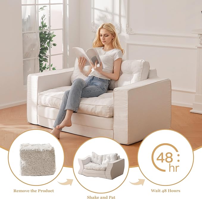 YOSHOOT Loveseat Sleeper Sofa,55" Convertible Sofa Bed Couch Futon Couches for Living Room,3-in-1 Pull Out Floor Couch with Backrest and Pillows, White