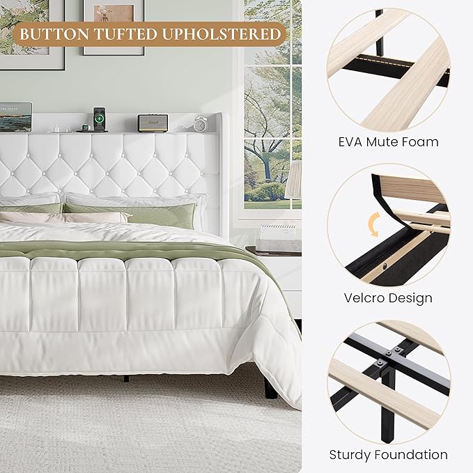 SHA CERLIN King Size Platform Bed Frame with Charging Station, Velvet Wingback Headboard with Storage Shelf, Wooden Slats Support, Ample Under-Bed Space, No Box Spring Needed, Easy Assembly, White