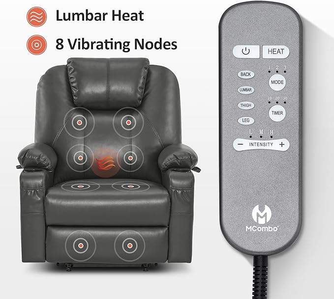 MCombo Oversized Power Lift Recliner Chair for Elderly, Lift Chair with Heat and Massage for Big and Tall, USB&Type C Ports, Cup Holders, Faux Leather R7510 (Grey, Large-Wide)