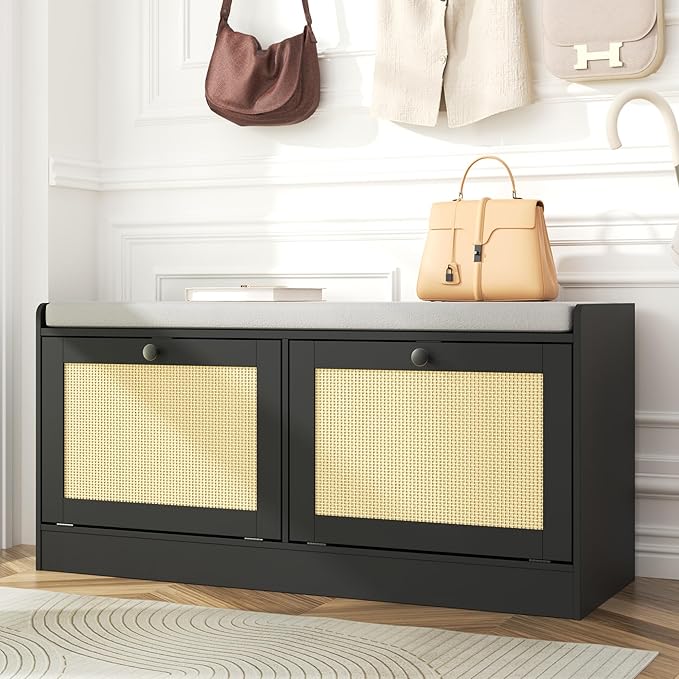 MHOM Rattan Shoe Bench for Entryway, Hallway and Bedroom - Boho Bench with Storage Cabinets and Seat Cushion - Wooden Storage Bench Fits up to Size 16, Black