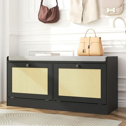 MHOM Rattan Shoe Bench for Entryway, Hallway and Bedroom - Boho Bench with Storage Cabinets and Seat Cushion - Wooden Storage Bench Fits up to Size 16, Black