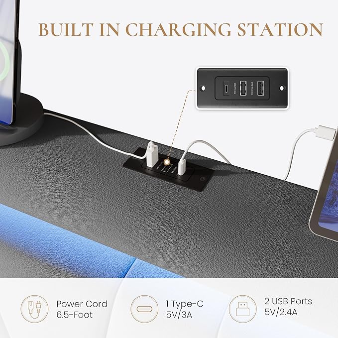 SHA CERLIN Queen Bed Frame with Charging Station and LED Lights, Modern Velvet Platform Bed with Upholstered Geometric Wingback Headboard, No Box Spring Needed, Easy Assembly, Grey