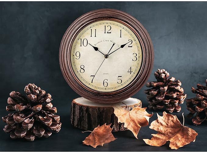 Bernhard Products Vintage Wall Clock Silent Non Ticking - 12 Inch Quality Quartz Battery Operated Decorative Brown Clock for Home Kitchen Living/Dining Room Office Decor, Easy to Read, Rustic Bronze