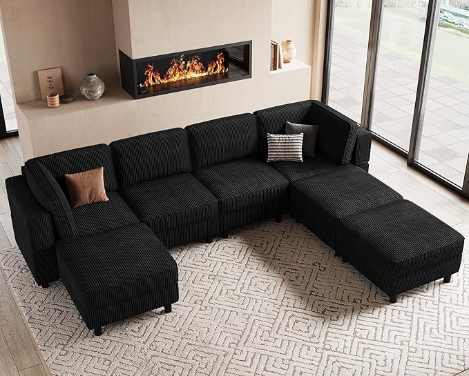 114.2" Modular Sectional Sofa with Deep Storage Seat,Corduroy 7 Seat U Shaped Sofa Couch,Modular Sofa Couch with Movable Ottoman Chaise,Upholstered Sectional Couches for Living Room,Black