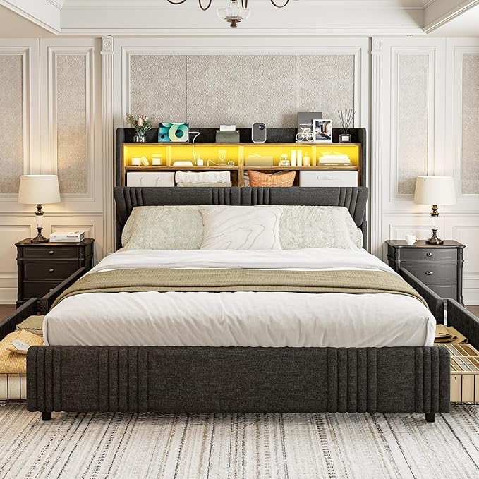 IKIFLY California King Bed Frames with Hidden Storage Headboard & 4 Drawers, 49.2” Tall Upholstered Wingback Headboard with LED Lights and Charging Station, No Box Spring Needed, Noise Free, Black