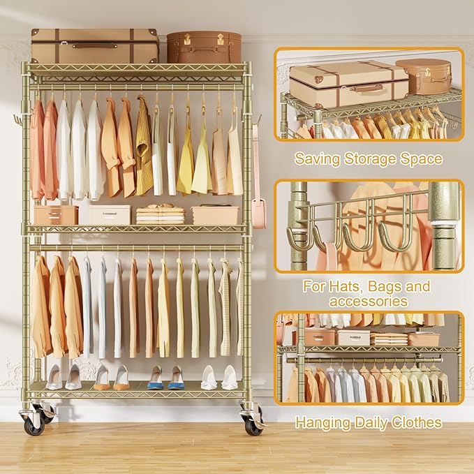 P1 Rolling Clothes Rack, Portable Wardrobe Closet with Wheels, Heavy-Duty Closet Clothing Rack for Hanging Clothes, 35.5" W x 15.7" D x 80.5" H, Hold 500lbs, Gold