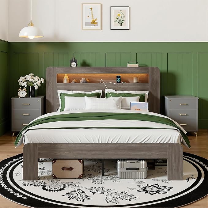 Full Bed Frame with Headboard, Wooden Platform Bed Frame Full Size with Bookcase Shelf, LED Lights, Charging Station, Heavy Duty Supports, No Box Spring Needed,Dark Grey