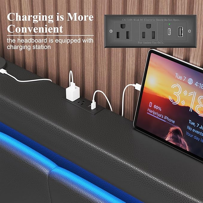 Full Size Bed Frame with 4 Storage Drawers and LED Lights, Upholstered Platform Bed with Adjustable Headboard and Charging Station, Metal Slats Support, No Box Spring Needed,Easy Assembly, Black