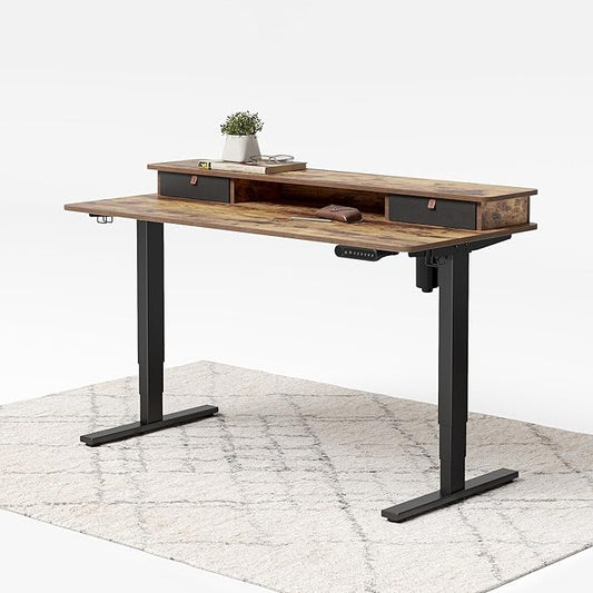 FEZIBO 55 x 24 Inch Whole-Piece Height Adjustable Standing Desk with Double Drawers, Sit Stand Desk, Stand Up Table (Send Two Packages), Rustic Brown Top