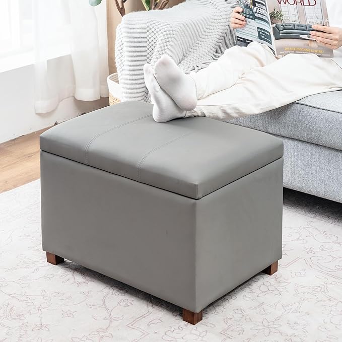 Joveco 24" Leather Storage Ottoman Bench, Rectangle Foot Rest Stool for Living Room, Bedroom, Entryway, Grey