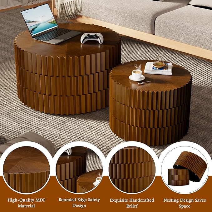 26.8" Round Coffee Table Set of 2 Wooden Nesting Coffee Tables Modern Circle Coffee Table Industrial Side Table Farmhouse Nesting Tables for Living Room Bedroom, Office (Walnut 26.8"+19.7")
