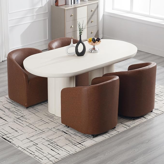 Brown Dining Chairs with Casters, Faux Leather Upholstered Barrel Dining Chairs with Rollers Armchairs Comfy Small Accent Chairs with Arms for Small Spaces Living Room Reading Room Bedroom