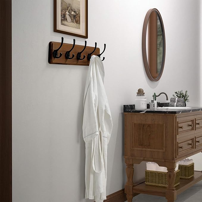Dseap Wall Mounted Coat Rack: Patented, Heavy-Duty, 17.4" Long 5-Double-Hooks Wooden Hanger Rail for Winter Coats, Hat, Jacket, Clothing - Natural & Black