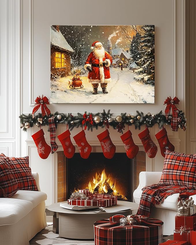 Vintage Santa Claus Christmas Canvas Wall Art - Festive Holiday Painting for Living Room,Bedroom & Bathroom, Cozy Winter Decor Framed Print, Perfect Christmas Gifts & Home Decoration