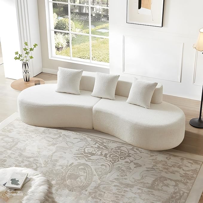 109'' Curved Couch, Mid Century Modern Half Moon Sofa, Luxury 3-Seat Couch with High-Density Foam Filled, Raindrop Velvet Fabric Sectional Sofa for Living Room, Apartment, Office, White